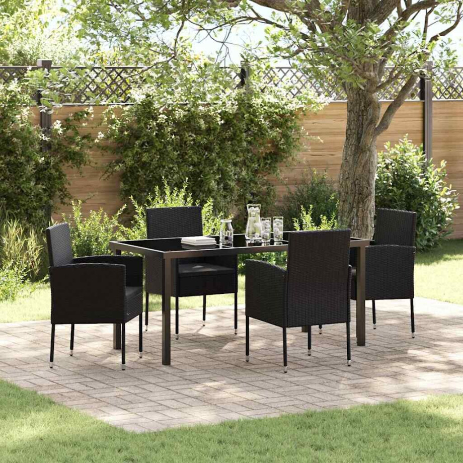 vidaXL Tuin eettafelset met kussen 5 pcs Zwart poly rattan afbeelding 1