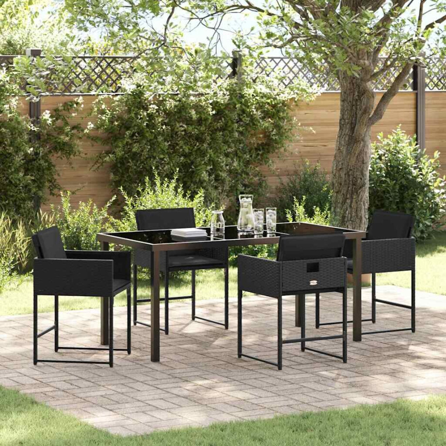 vidaXL Tuin eettafelset met kussen 5 pcs Zwart poly rattan afbeelding 1