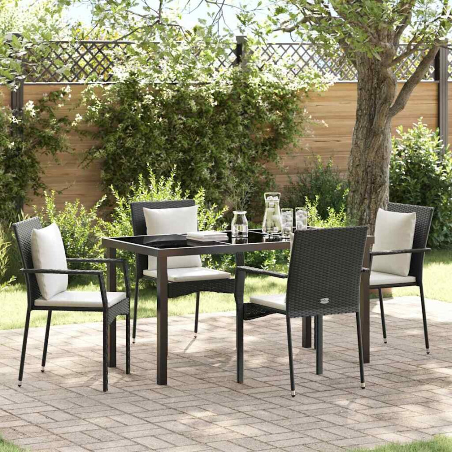 vidaXL Tuin eettafelset met kussen 5 pcs Zwart poly rattan afbeelding 1