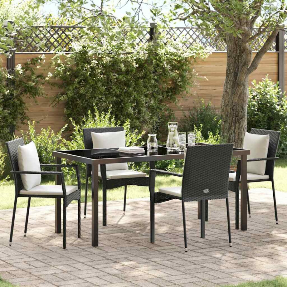 vidaXL Tuin eettafelset met kussen 5 pcs Zwart poly rattan afbeelding 1