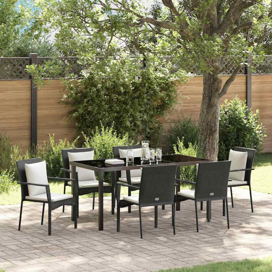 vidaXL Tuin eettafelset met kussen 7 pcs Zwart poly rattan afbeelding 1