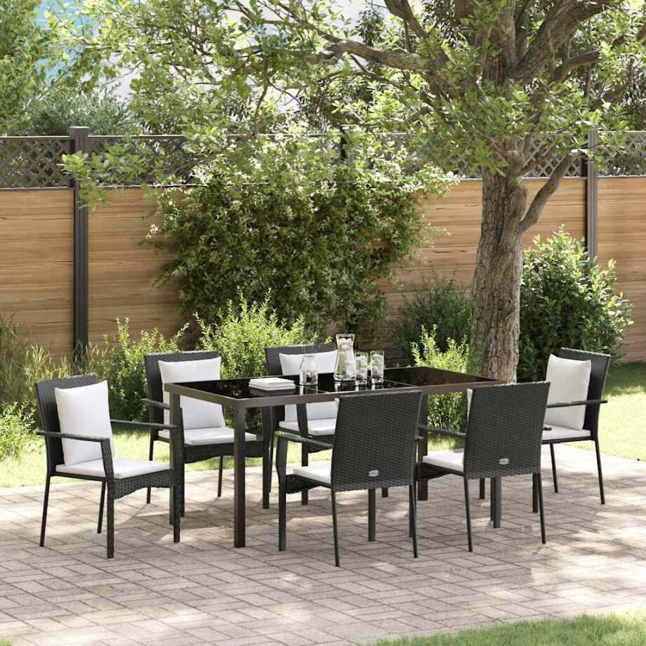 vidaXL Tuin eettafelset met kussen 7 pcs Zwart poly rattan afbeelding 1