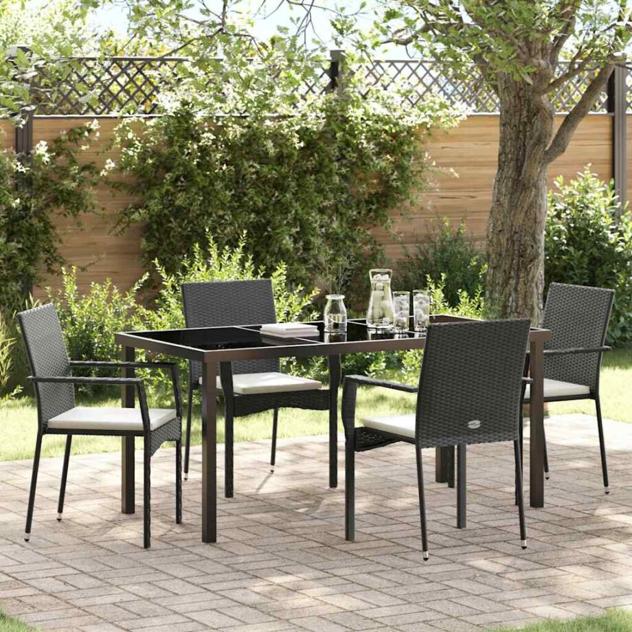 vidaXL Tuin eettafelset met kussen 5 pcs Zwart poly rattan afbeelding 1
