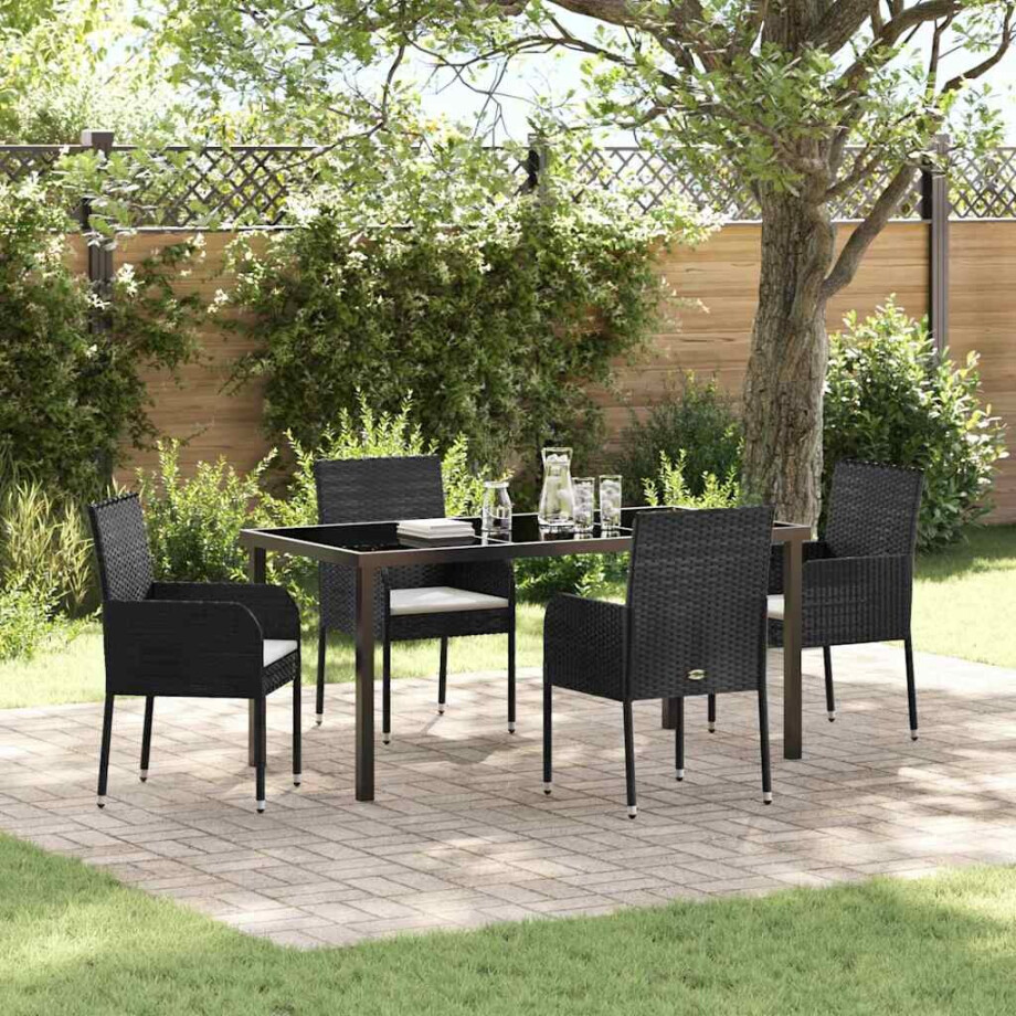vidaXL Tuin eettafelset met kussen 5 pcs Zwart poly rattan afbeelding 1