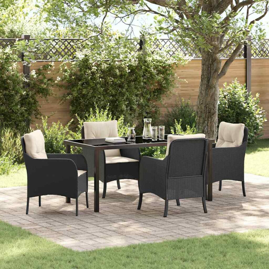 vidaXL Tuin eettafelset met kussen 5 pcs Zwart poly rattan afbeelding 1