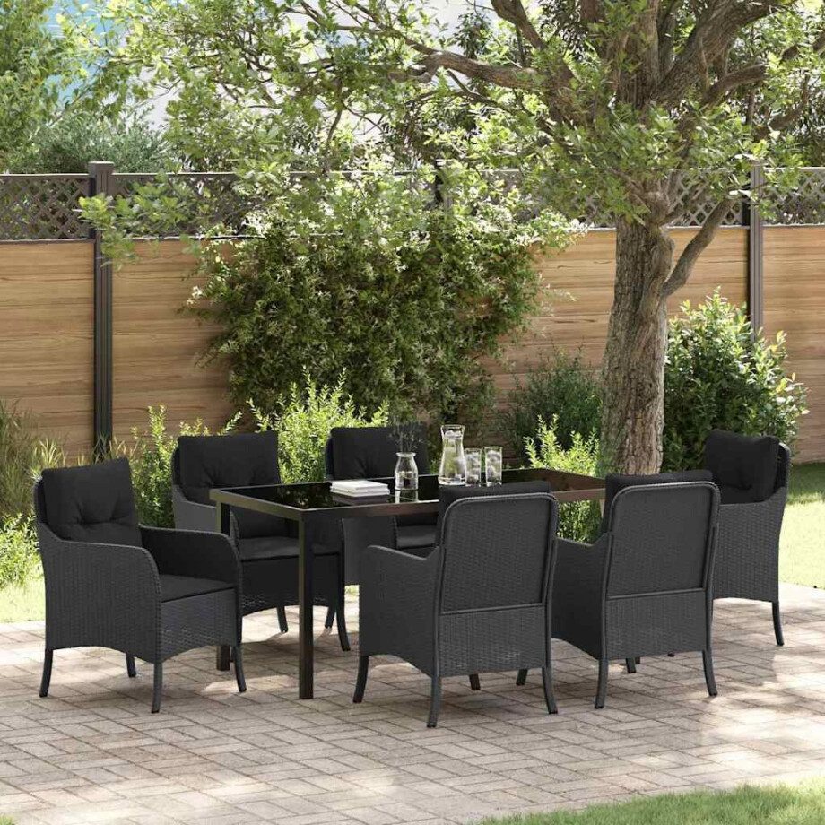 vidaXL Tuin eettafelset met kussen 7 pcs Zwart poly rattan afbeelding 1