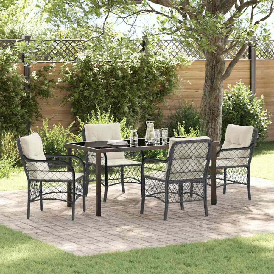 vidaXL Tuin eettafelset met kussen 5 pcs Zwart poly rattan afbeelding 1
