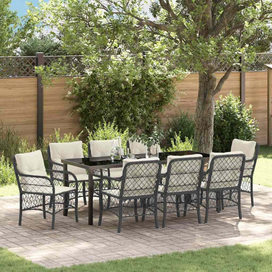 vidaXL Tuin eettafelset met kussen 9 pcs Zwart poly rattan afbeelding 1