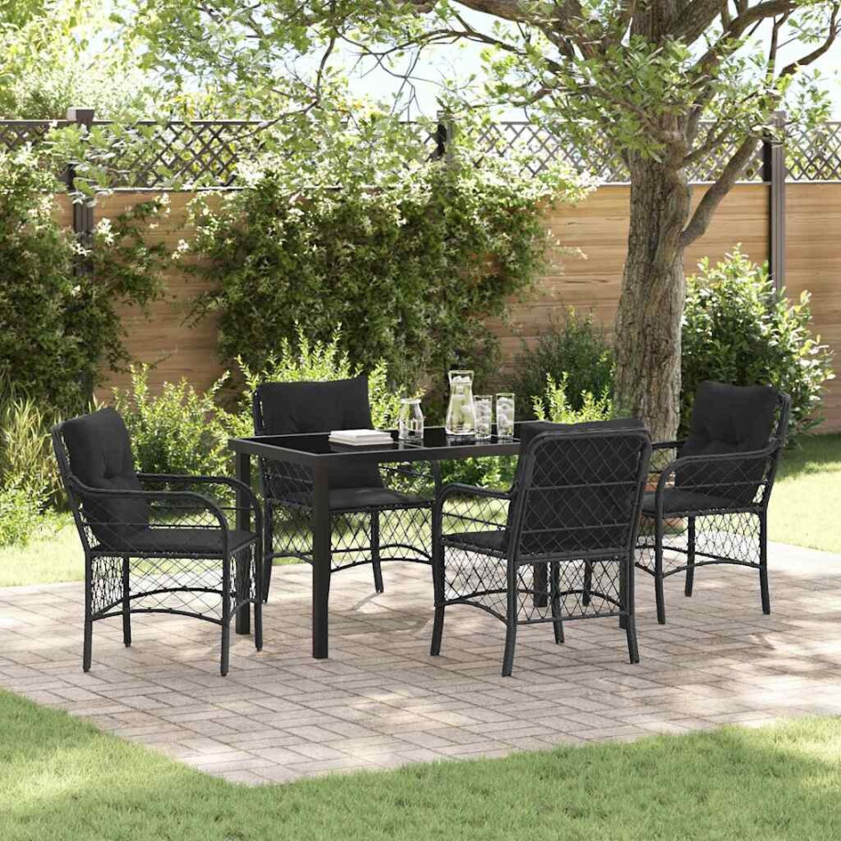 vidaXL Tuin eettafelset met kussen 5 pcs Zwart poly rattan afbeelding 1