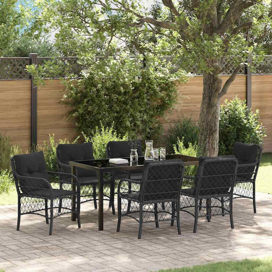 vidaXL Tuin eettafelset met kussen 7 pcs Zwart poly rattan afbeelding 1