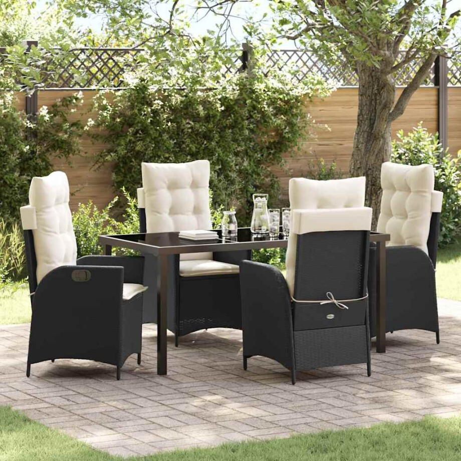 vidaXL Tuin eettafelset met kussen 5 pcs Zwart poly rattan afbeelding 1