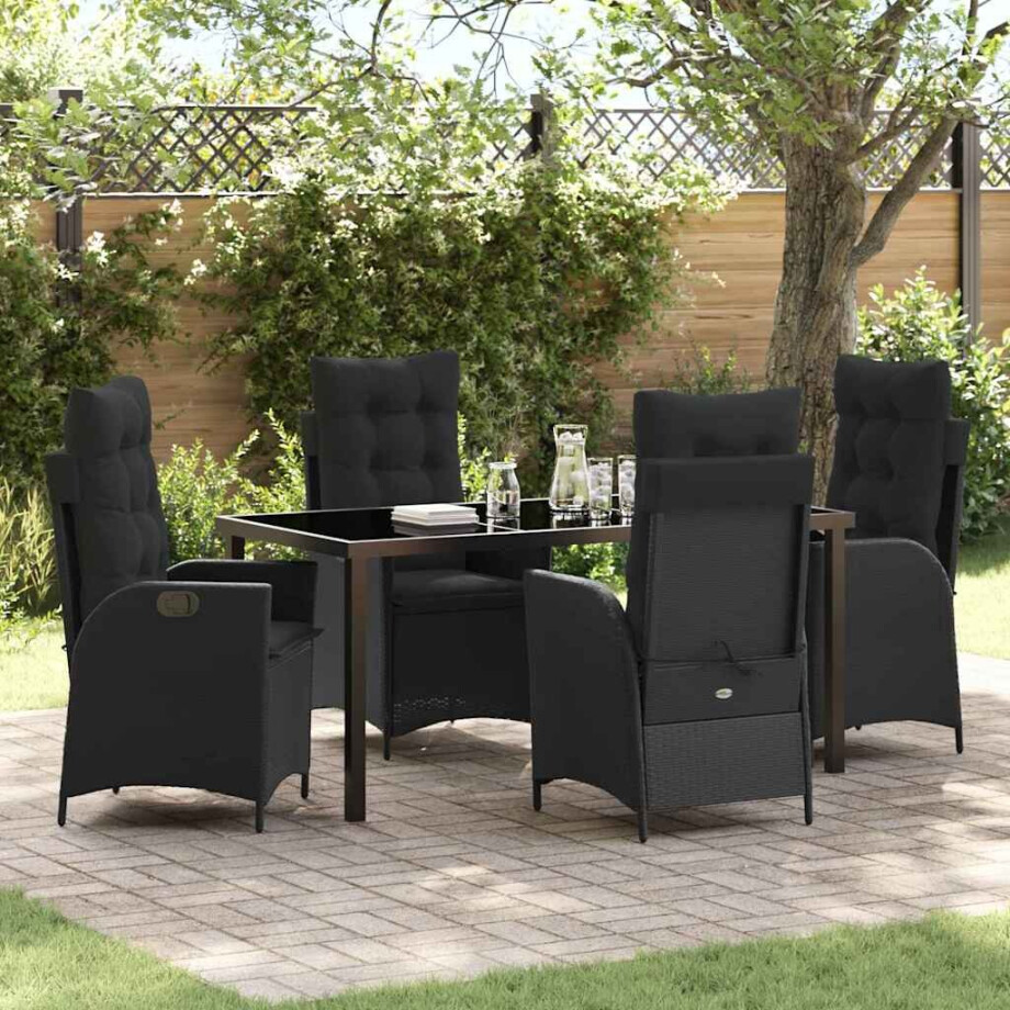 vidaXL Tuin eettafelset met kussen 5 pcs Zwart poly rattan afbeelding 1