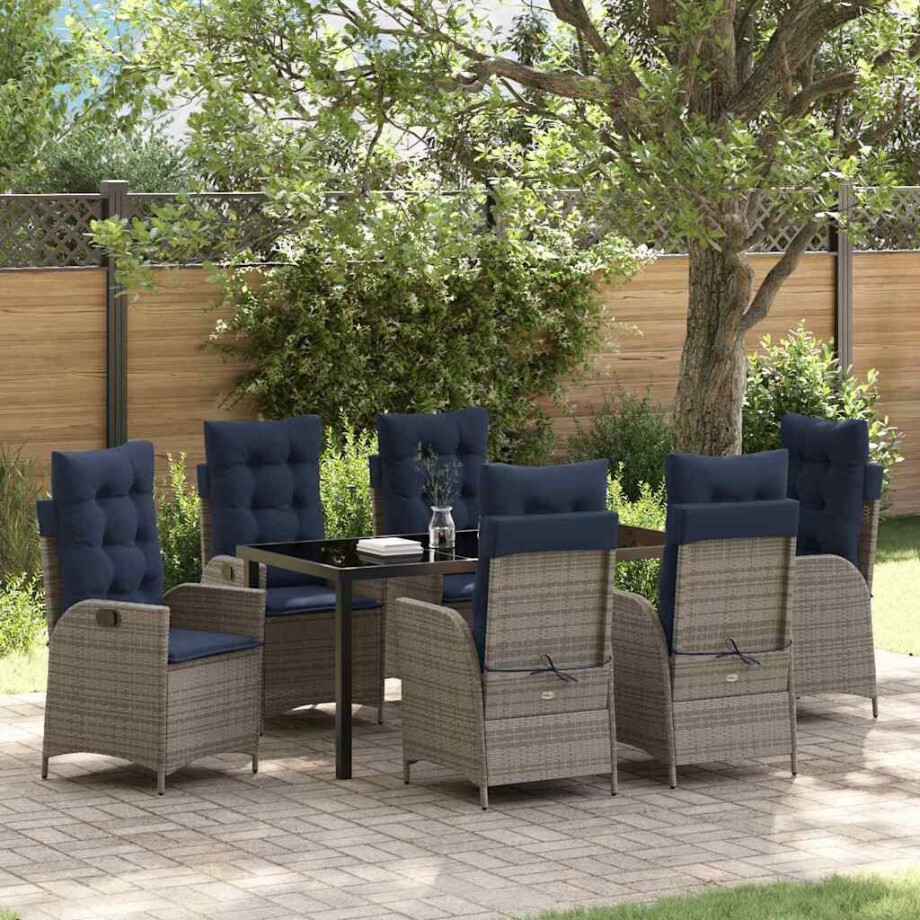 vidaXL Tuin eettafelset met kussen 7 pcs Grijs en zwart Rattan afbeelding 1
