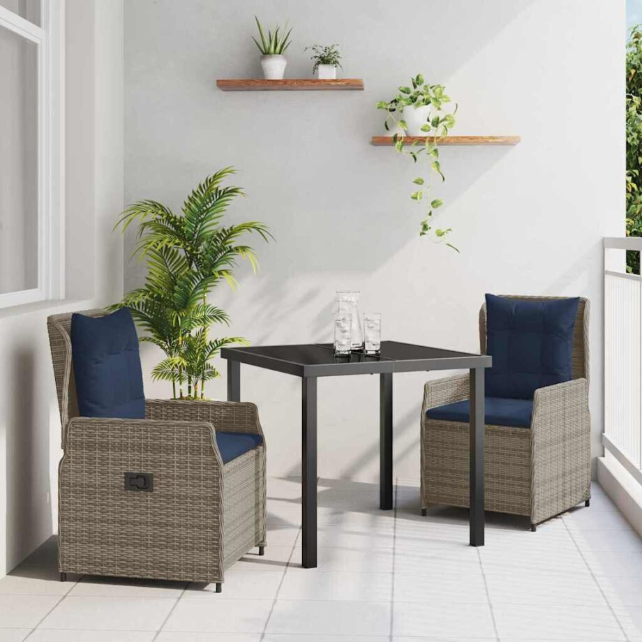 vidaXL Tuin Eetset met kussen 3 pcs Grijs Poly riet afbeelding 1