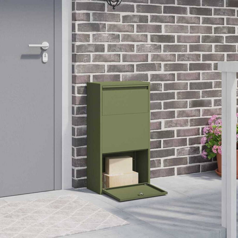 vidaXL Pakket inwerp box met opslag Olijf Groen 44 x 22 x 82 cm Staal afbeelding 1