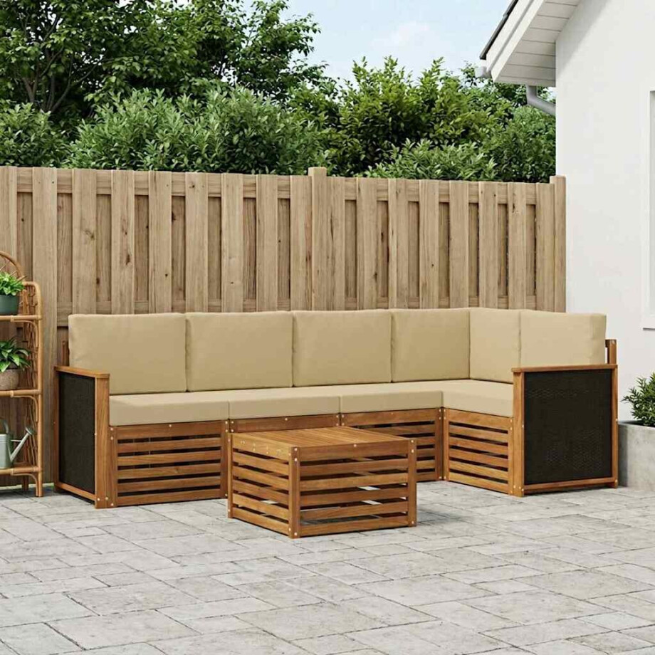 vidaXL Hoekbank Set 5 pcs Naturel Massief Acaciahout en Polyester vidaXL Hoekbank Set 5 pcs Naturel Massief Acaciahout en Polyester afbeelding 1
