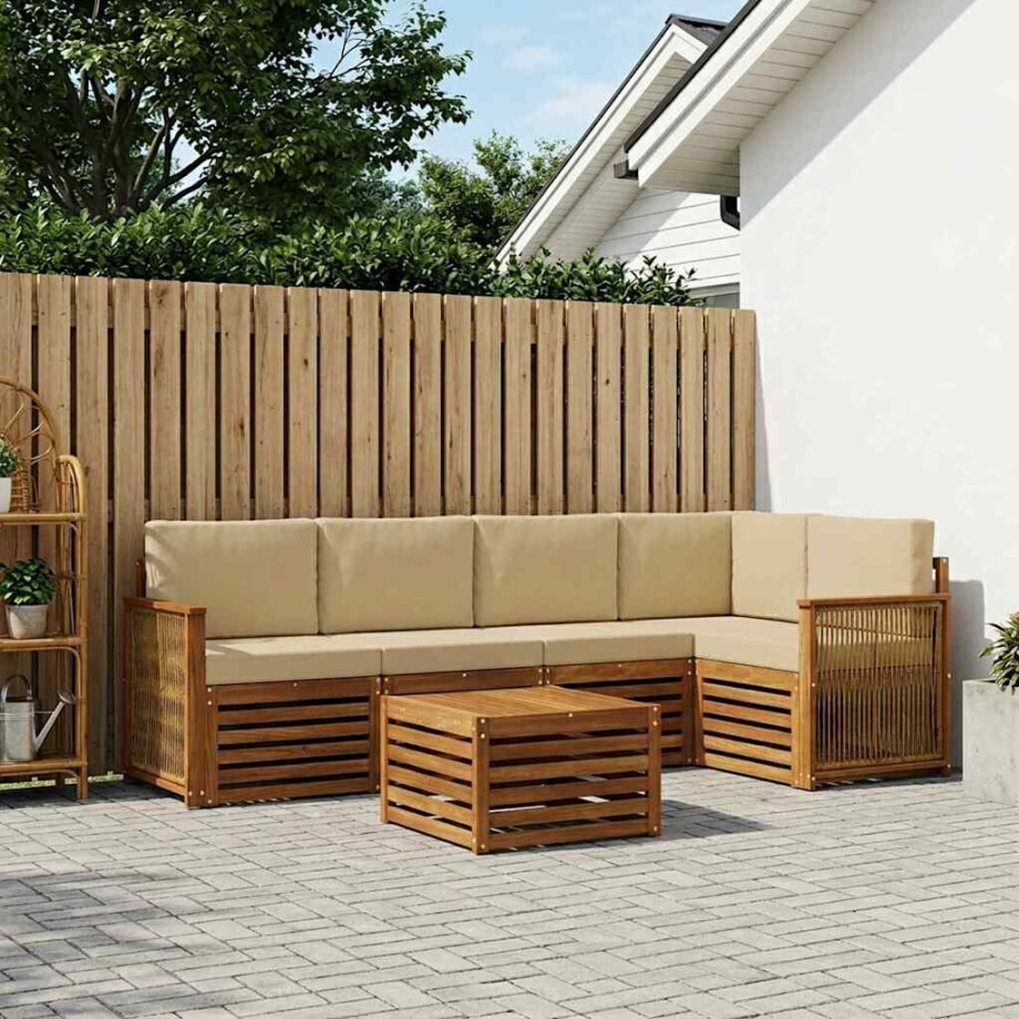 vidaXL Hoekbank Set 5 pcs Naturel Massief Acaciahout en Polyester vidaXL Hoekbank Set 5 pcs Naturel Massief Acaciahout en Polyester afbeelding 1
