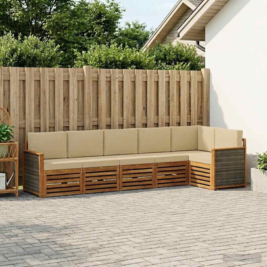 vidaXL Hoekbank Set 5 pcs Naturel Massief Acaciahout en Polyester vidaXL Hoekbank Set 5 pcs Naturel Massief Acaciahout en Polyester afbeelding 1
