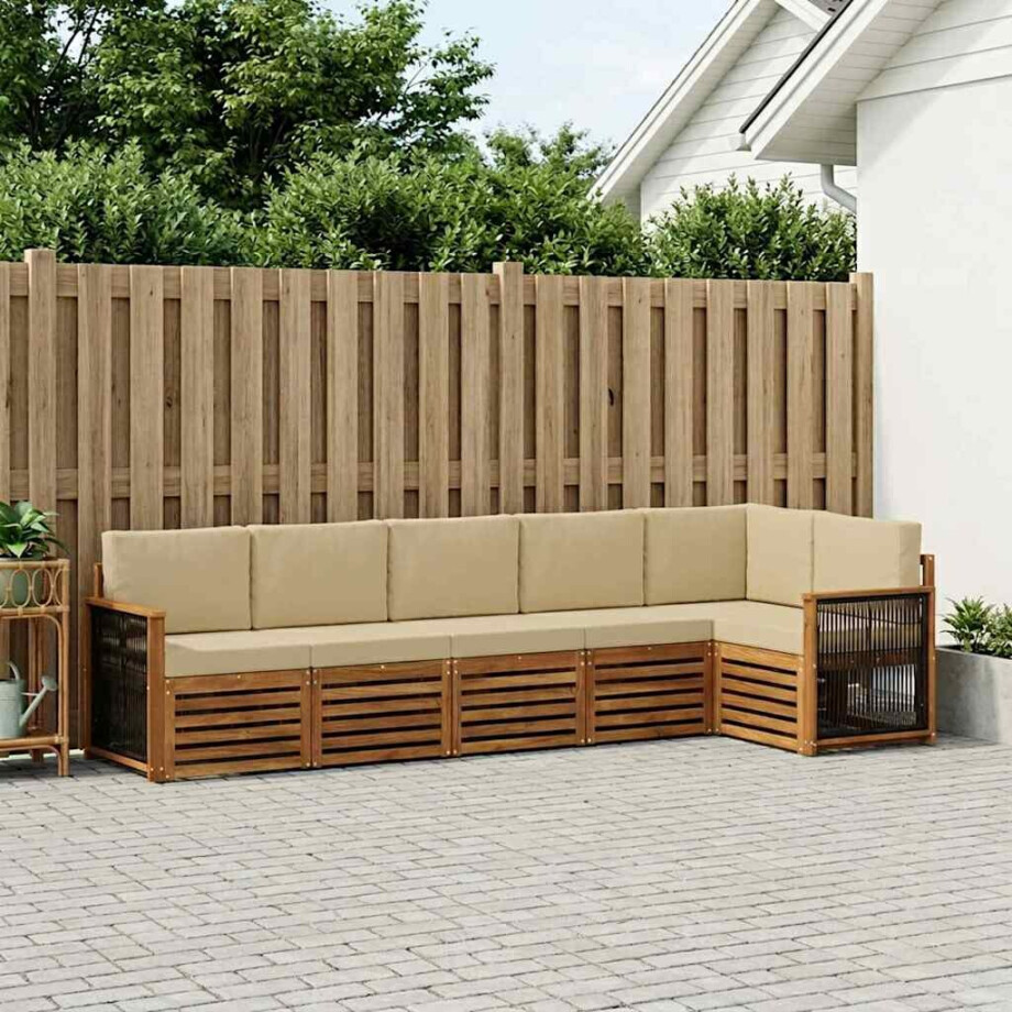 vidaXL Hoekbank Set 5 pcs Naturel Massief Acaciahout en Polyester vidaXL Hoekbank Set 5 pcs Naturel Massief Acaciahout en Polyester afbeelding 1
