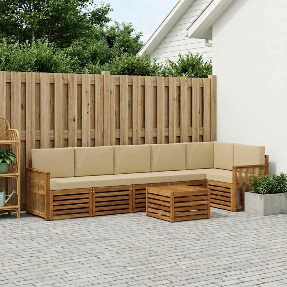 vidaXL Hoekbank Set 6 pcs Naturel Massief Acaciahout en Polyester afbeelding 1