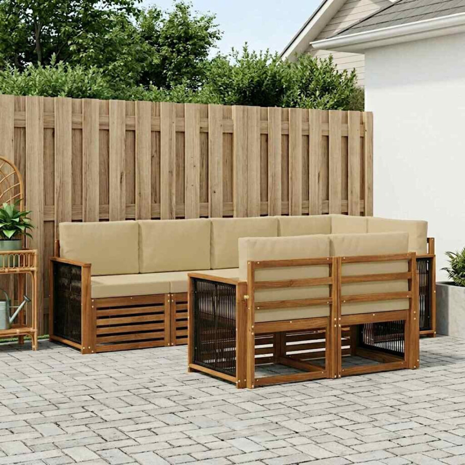 vidaXL Hoekbank Set 6 pcs Naturel Massief Acaciahout en Polyester afbeelding 1