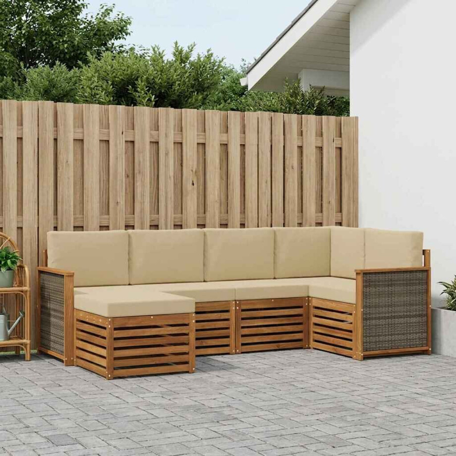 vidaXL Hoekbank Set 5 pcs Naturel Massief Acaciahout en Polyester vidaXL Hoekbank Set 5 pcs Naturel Massief Acaciahout en Polyester afbeelding 1