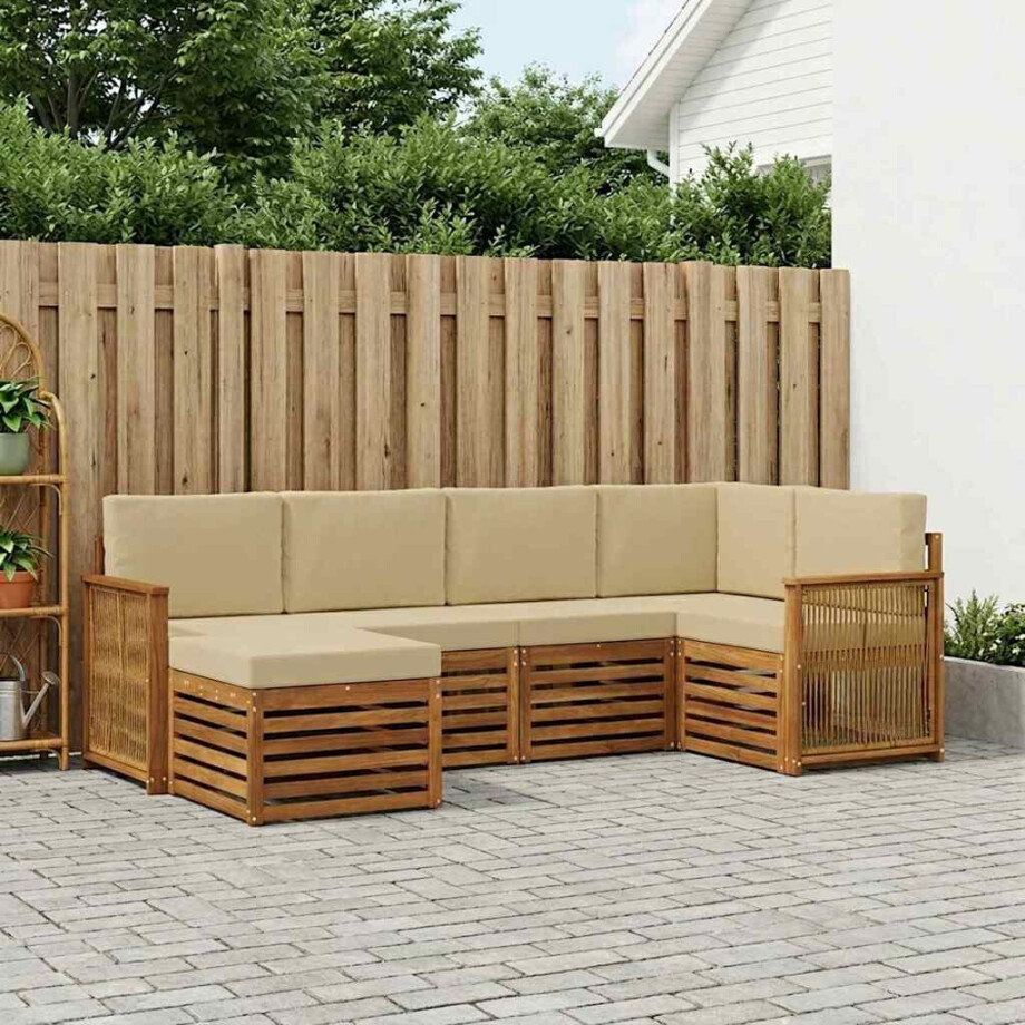 vidaXL Hoekbank Set 5 pcs Naturel Massief Acaciahout en Polyester vidaXL Hoekbank Set 5 pcs Naturel Massief Acaciahout en Polyester afbeelding 1