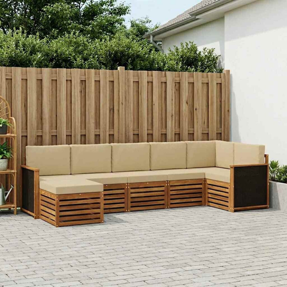 vidaXL Hoekbank Set 6 pcs Naturel Massief Acaciahout en Polyester vidaXL Hoekbank Set 6 pcs Naturel Massief Acaciahout en Polyester afbeelding 1