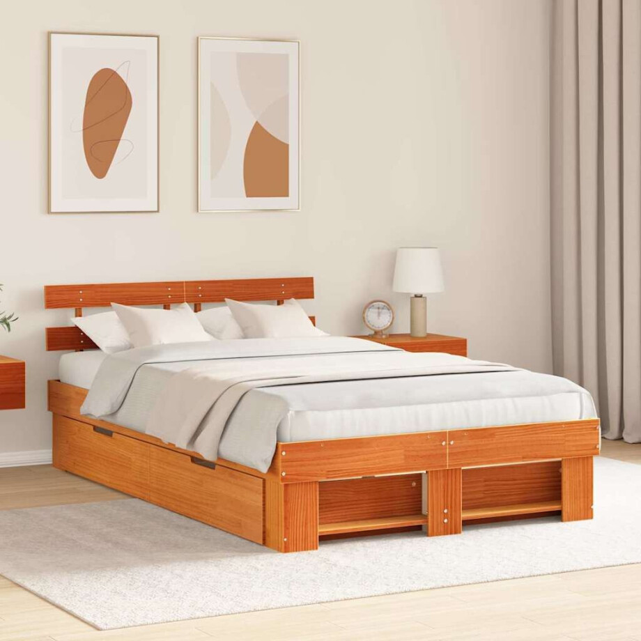 vidaXL Bedframe met lade Wasbruin 140 x 190 cm Massief grenenhout vidaXL Bedframe met lade Wasbruin 140 x 190 cm Massief grenenhout afbeelding 1