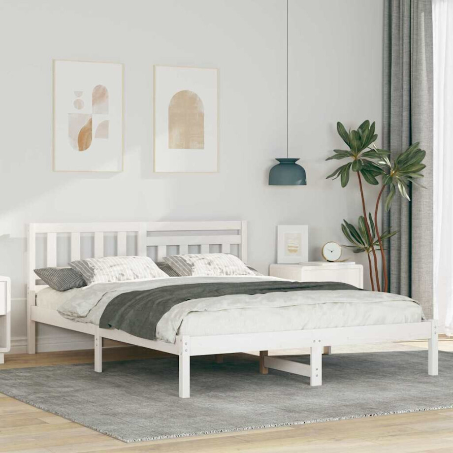 vidaXL Bedframe met hoofdeinde Wit 160 x 200 cm Massief grenenhout afbeelding 1