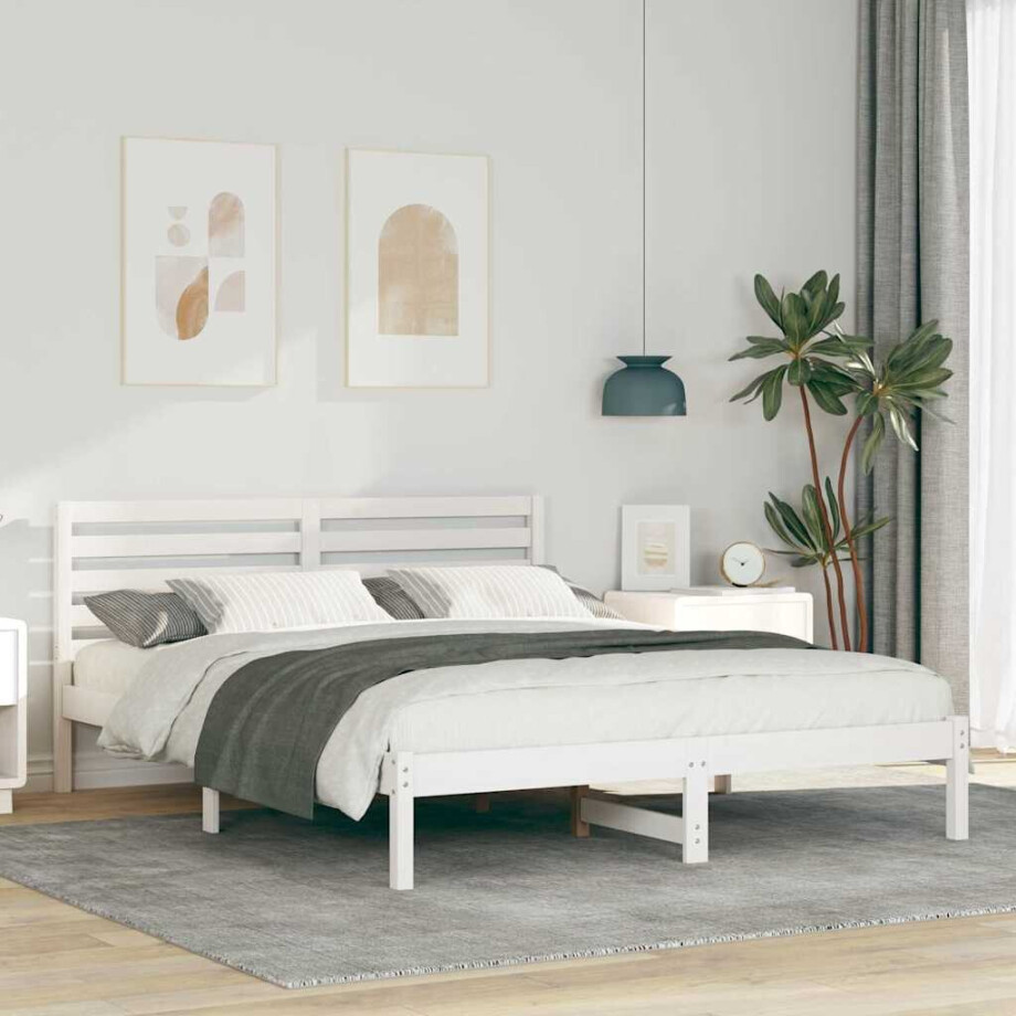 vidaXL Bedframe met hoofdeinde Wit 160 x 200 cm Massief grenenhout afbeelding 1