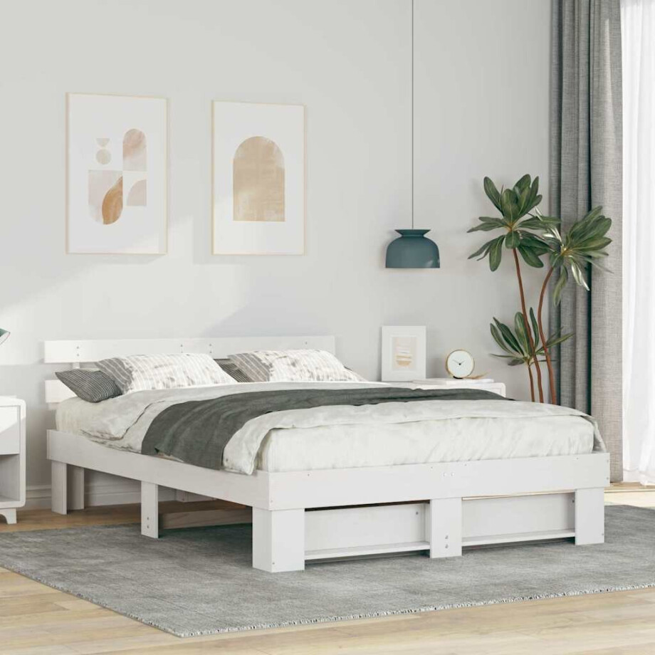 vidaXL Bedframe met hoofdeinde Wit 150 x 200 cm Massief grenenhout afbeelding 1