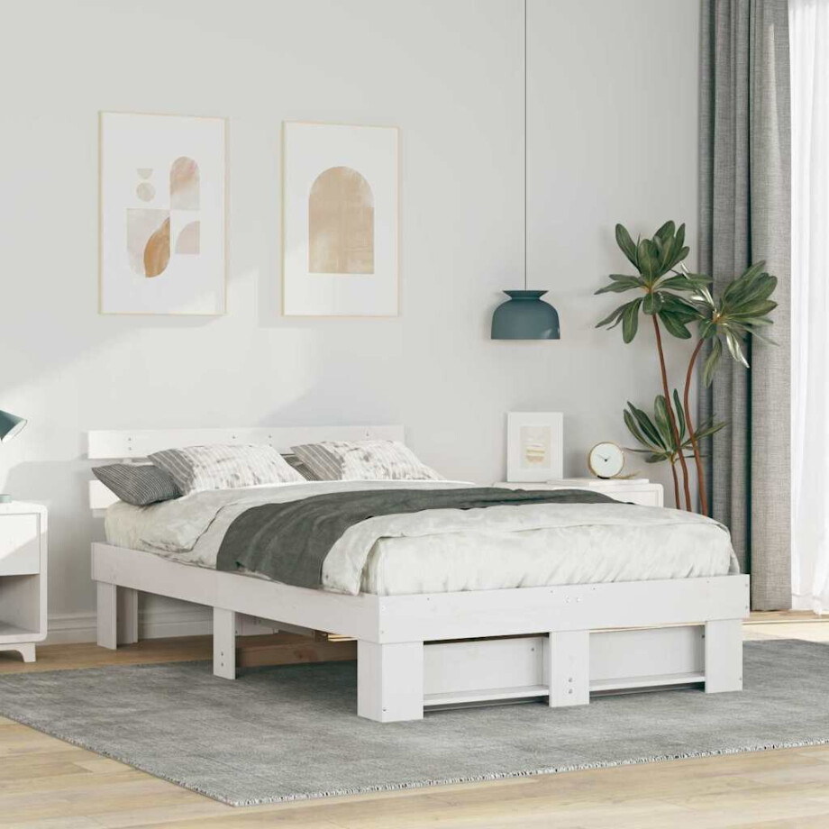 vidaXL Bedframe met hoofdeinde Wit 135 x 190 cm Massief grenenhout afbeelding 1