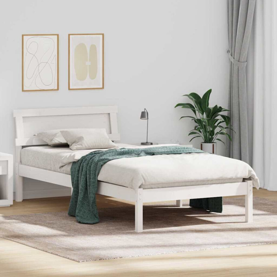 vidaXL Bedframe met hoofdeinde Wit 100 x 200 cm Massief grenenhout afbeelding 1