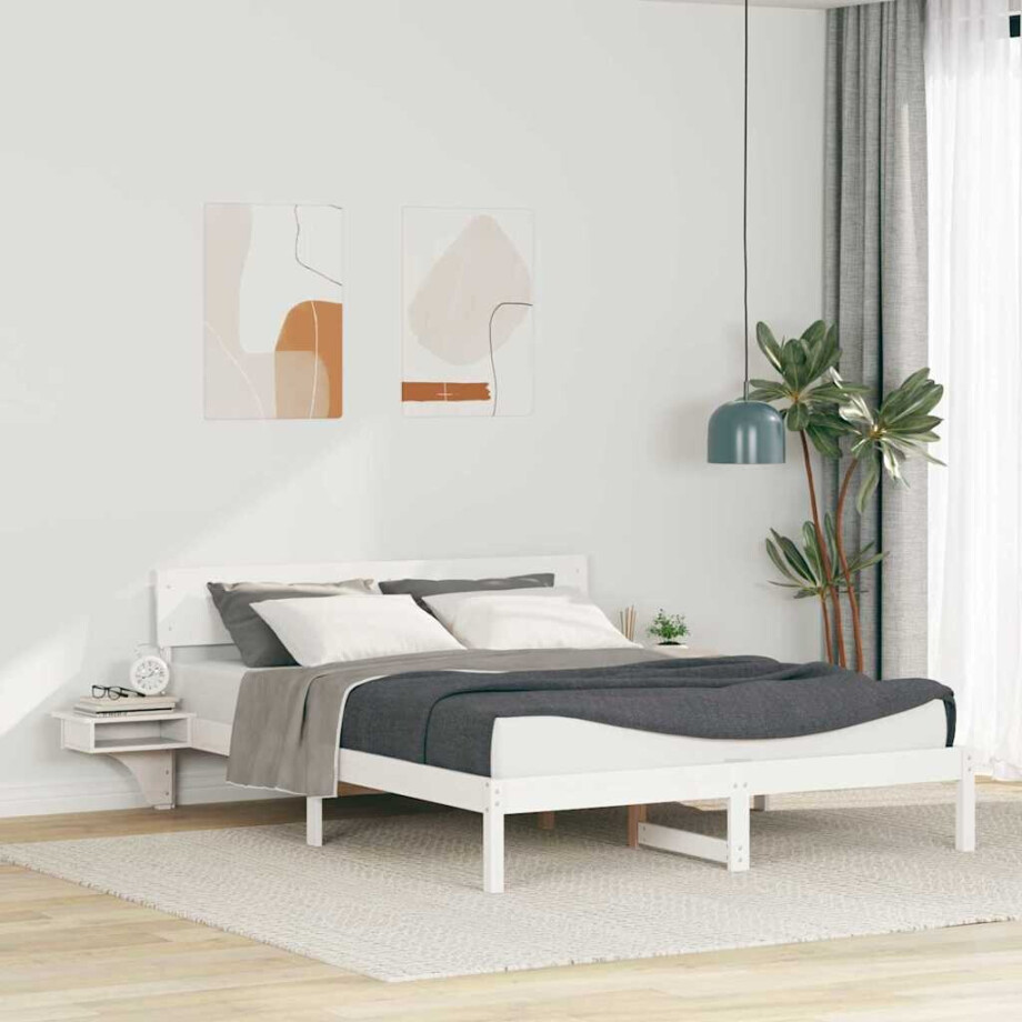 vidaXL Bedframe met hoofdeinde Wit 150 x 200 cm Massief grenenhout afbeelding 1