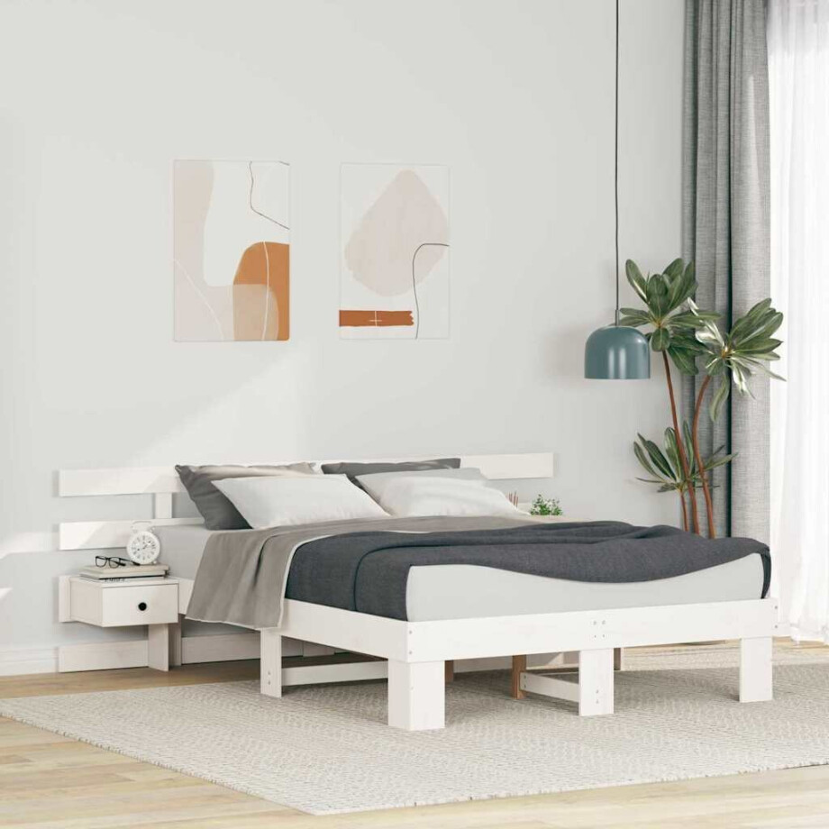 vidaXL Bedframe met hoofdeinde Wit 135 x 190 cm Massief grenenhout vidaXL Bedframe met hoofdeinde Wit 135 x 190 cm Massief grenenhout afbeelding 1