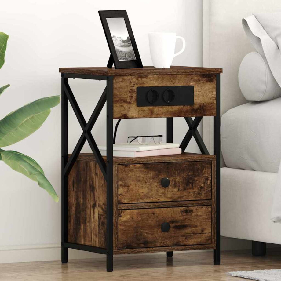 vidaXL Nachtkastje met lade Gerookt eiken 40 x 31 x 60 cm Bewerkt hout vidaXL Nachtkastje met lade Gerookt eiken 40 x 31 x 60 cm Bewerkt hout afbeelding 1