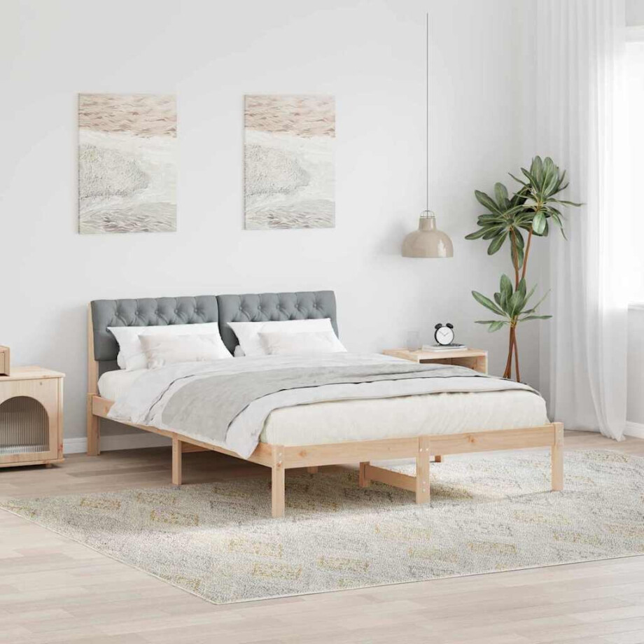 vidaXL Bedframe Bruin en lichtgrijs 135 x 190 cm Massief grenenhout afbeelding 1