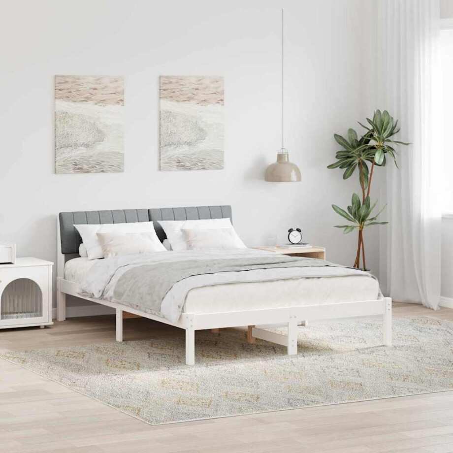 vidaXL Bedframe Wit en lichtgrijs 135 x 190 cm Massief grenenhout vidaXL Bedframe Wit en lichtgrijs 135 x 190 cm Massief grenenhout afbeelding 1
