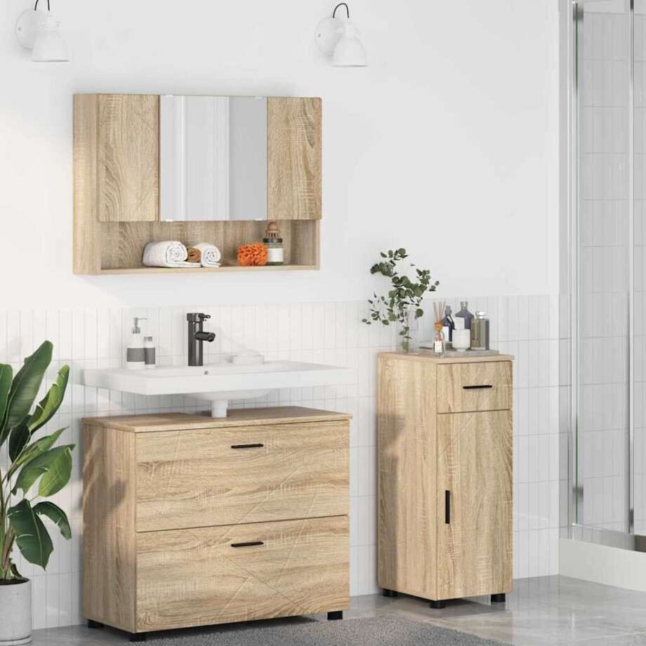 vidaXL Badkamermeubelset met lade 3 pcs Sonoma eiken 76,5 x 35 x 64 cm afbeelding 1