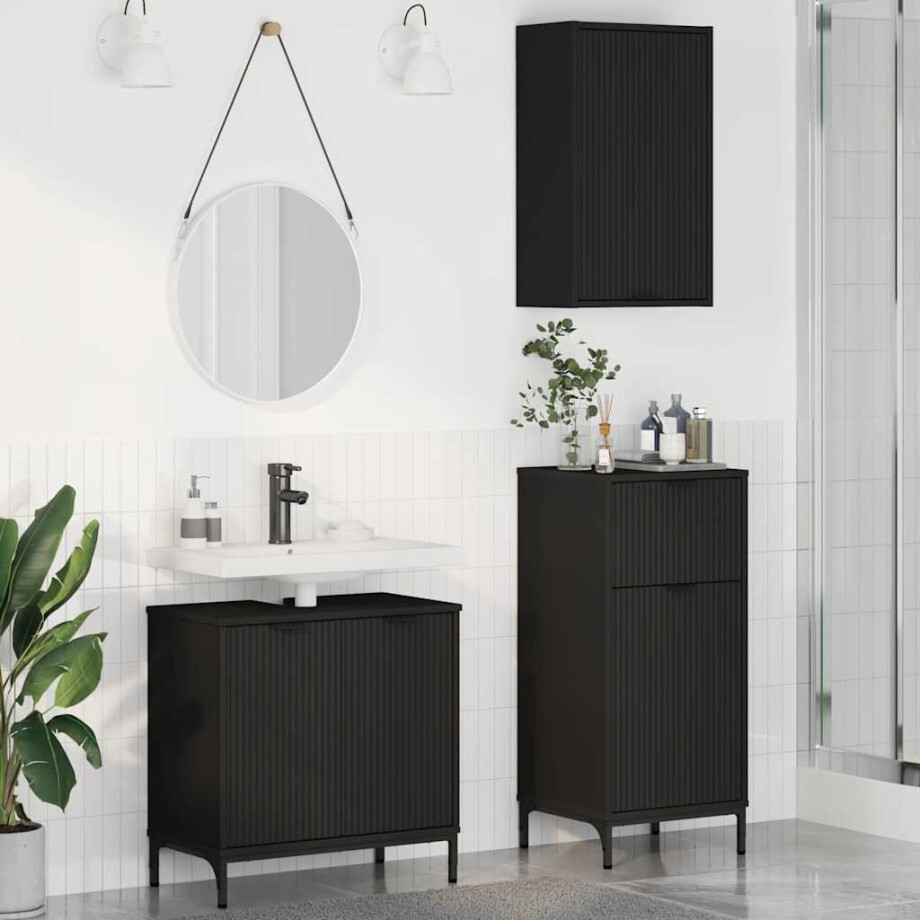 vidaXL Badkamermeubelset met lade 3 pcs Zwart Geperst Hout en Metaal vidaXL Badkamermeubelset met lade 3 pcs Zwart Geperst Hout en Metaal afbeelding 1