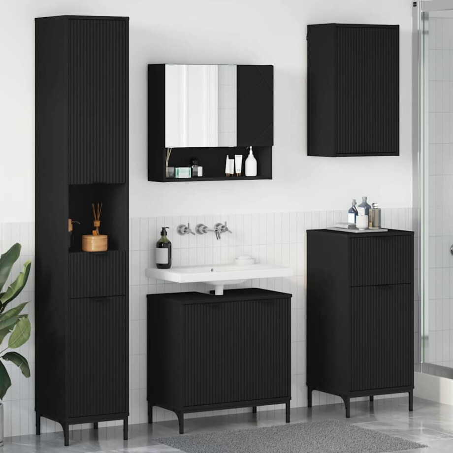 vidaXL Badkamermeubelset met lade Zwart Engineered hout, Metaal vidaXL Badkamermeubelset met lade Zwart Engineered hout, Metaal afbeelding 1