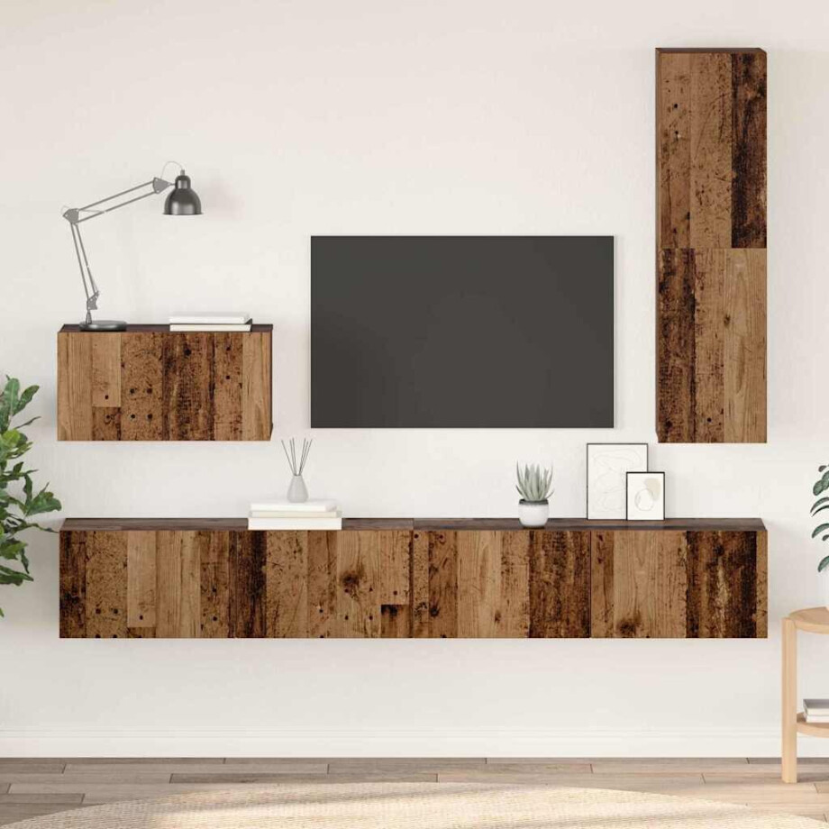 vidaXL TV-kast set met plank Wandgemonteerd Anders met opslag met de deur 4 pcs Oud hout Medium Bewerkt hout afbeelding 1