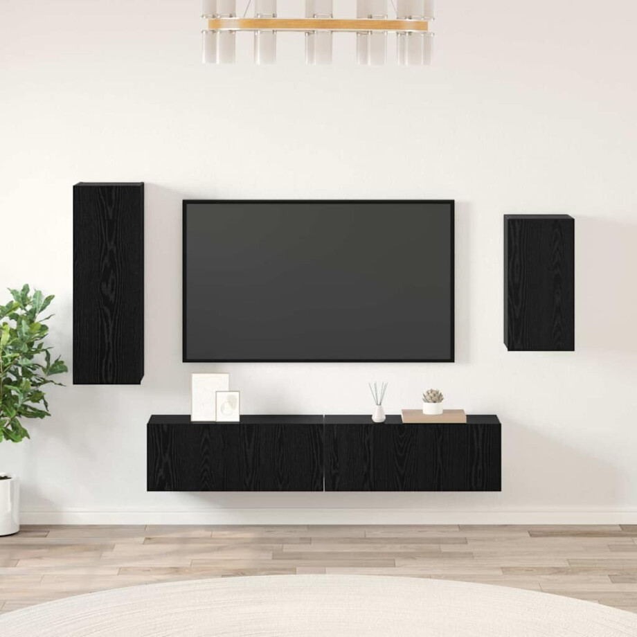 vidaXL Tv-meubelset Wandgemonteerd 4 pcs Zwart Eiken Bewerkt hout afbeelding 1