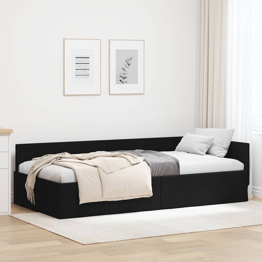 vidaXL Hoekbedframe met hoofdeinde Zwart 90 cm x 200 cm Stof afbeelding 1