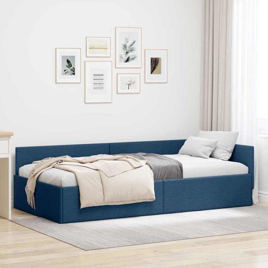 vidaXL Hoekbedframe Blauw 90 x 200 cm Stof en Geïmproviseerd hout afbeelding 1