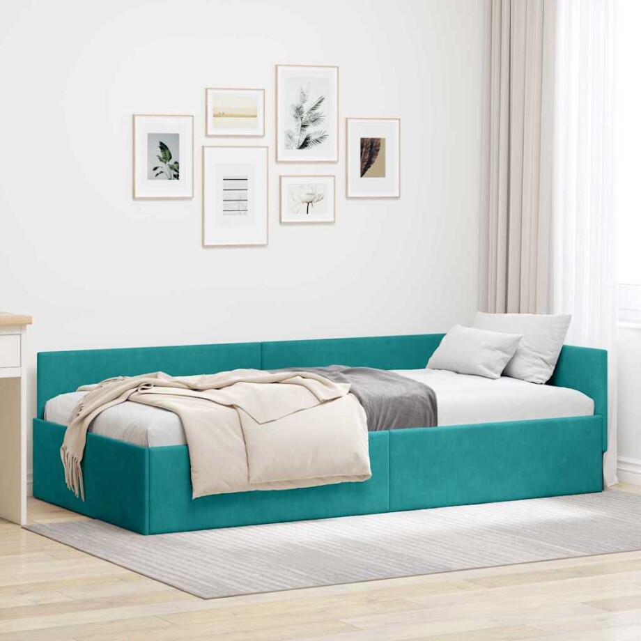 vidaXL Hoekbedframe Turquoise 90 x 200 cm Fluweel en Engineered hout afbeelding 1