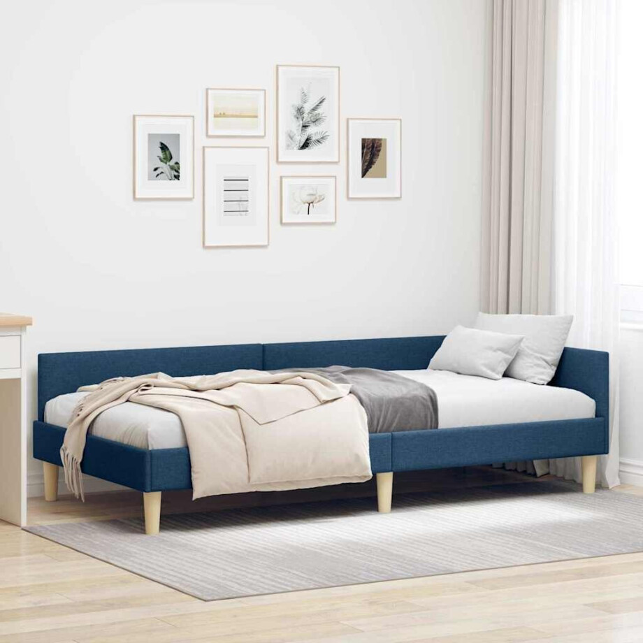 vidaXL Hoek Bed Frame Blauw 90 x 200 cm Stof en Geengineerd Hout afbeelding 1