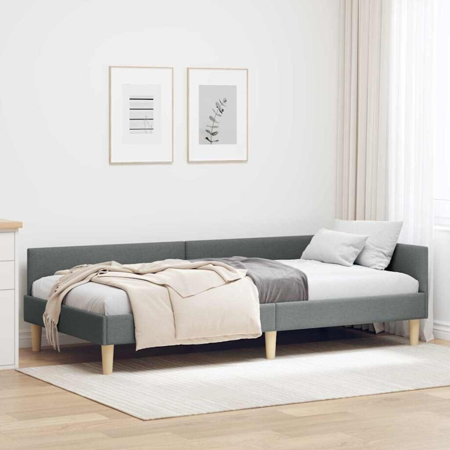 vidaXL Hoekbedframe met hoofdeinde Donkergrijs 100 x 200 cm Stof afbeelding 1