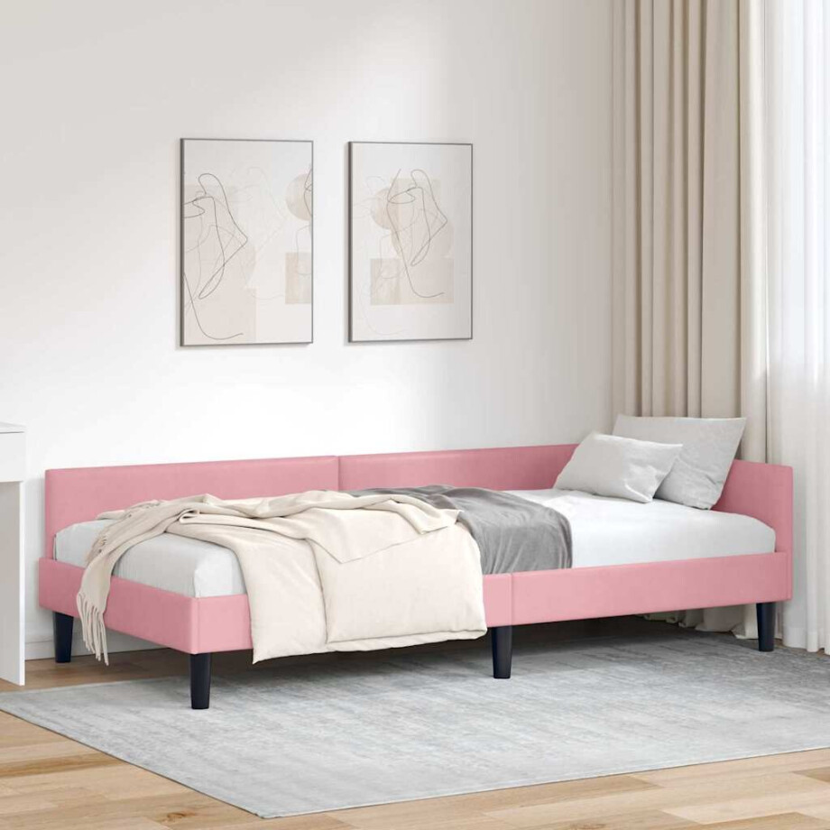 vidaXL Hoekbedframe met hoofdeinde Roze 90 cm x 190 cm VelvetenPlywood afbeelding 1